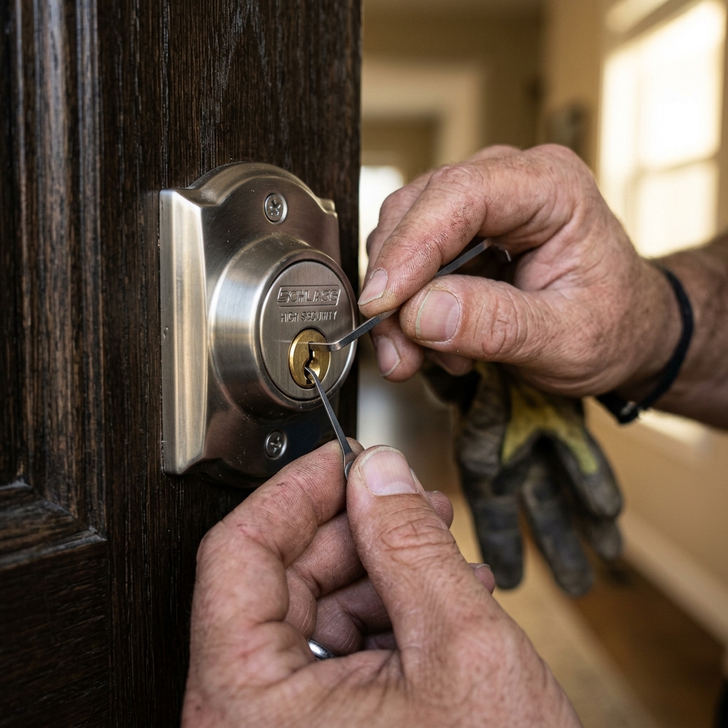 Locksmith hands using professional pick tools to unlock front door lock non-destructively